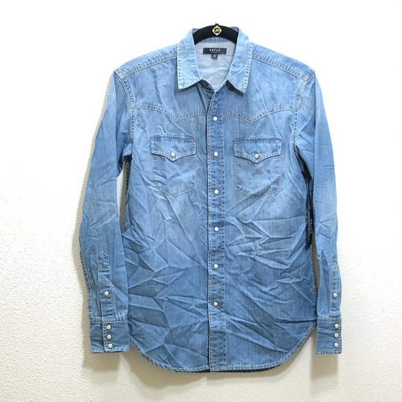 NEW DSTLD Blue Denim Long Sleeve Pearl Snap Shirt in Light Vintage Sz S MSRP $75 - Picture 4 of 9